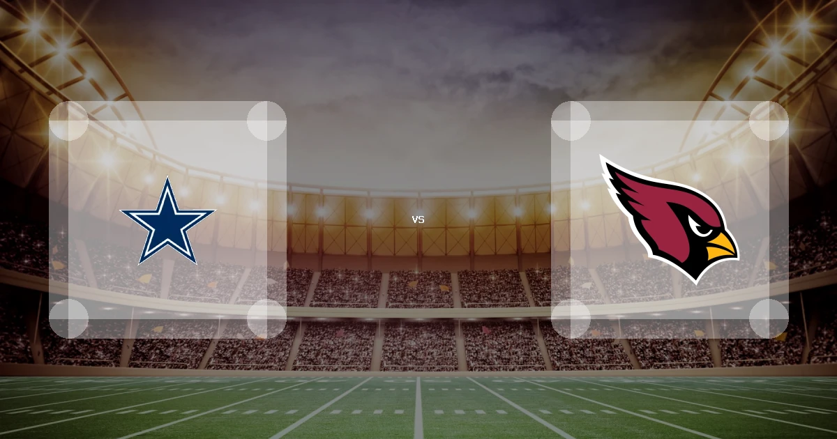 Eine Gamecard Grafik fuer das Spiel zwischen den Dallas Cowboys und Arizona Cardinals am 23.08.26. die zwei Teamlogos stehen sich in einem Stadion mit vielen Zuschauern gegenueber.