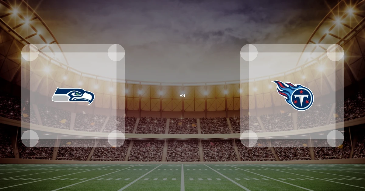 Eine Gamecard Grafik fuer das Spiel zwischen den Seattle Seahawks und Tennessee Titans am 24.08.26. die zwei Teamlogos stehen sich in einem Stadion mit vielen Zuschauern gegenueber.