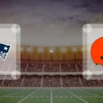 Eine Gamecard Grafik fuer das Spiel zwischen den New England Patriots und Cleveland Browns am 28.08.26. die zwei Teamlogos stehen sich in einem Stadion mit vielen Zuschauern gegenueber.