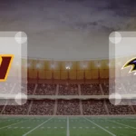 Eine Gamecard Grafik fuer das Spiel zwischen den Washington Commanders und Baltimore Ravens am 29.08.26. die zwei Teamlogos stehen sich in einem Stadion mit vielen Zuschauern gegenueber.