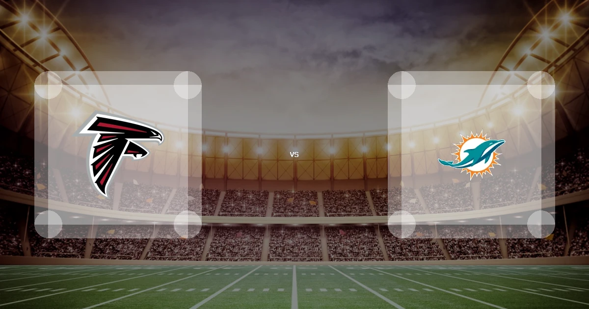 Eine Gamecard Grafik fuer das Spiel zwischen den Atlanta Falcons und Miami Dolphins am 29.08.26. die zwei Teamlogos stehen sich in einem Stadion mit vielen Zuschauern gegenueber.