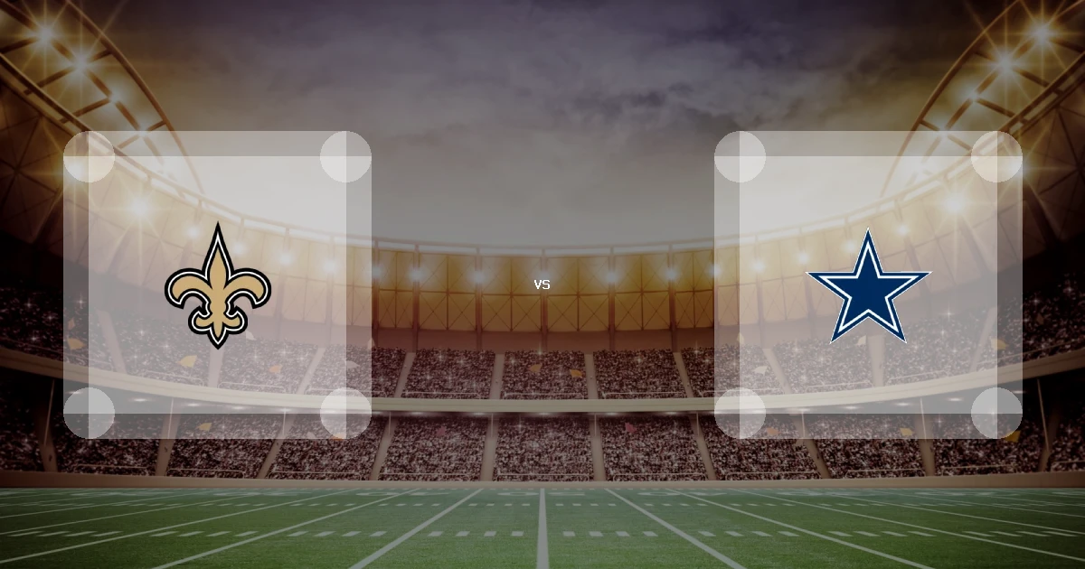 Eine Gamecard Grafik fuer das Spiel zwischen den New Orleans Saints und Dallas Cowboys am 29.08.26. die zwei Teamlogos stehen sich in einem Stadion mit vielen Zuschauern gegenueber.
