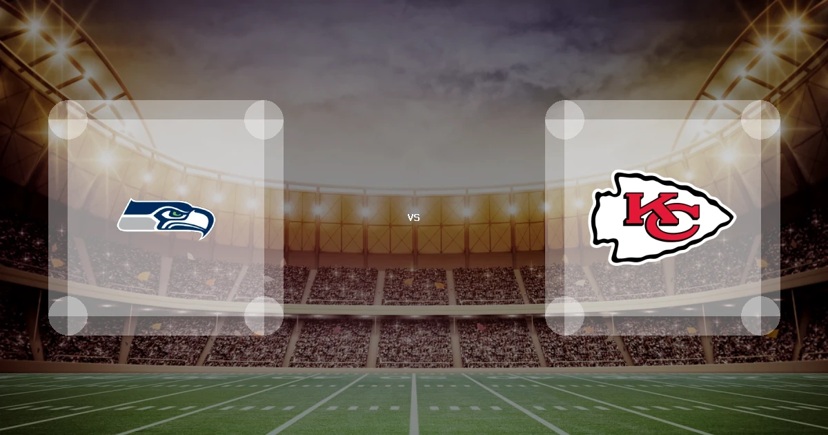 Eine Gamecard Grafik fuer das Spiel zwischen den Seattle Seahawks und Kansas City Chiefs am 29.08.26. die zwei Teamlogos stehen sich in einem Stadion mit vielen Zuschauern gegenueber.