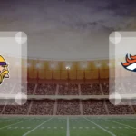 Eine Gamecard Grafik fuer das Spiel zwischen den Minnesota Vikings und Denver Broncos am 29.08.26. die zwei Teamlogos stehen sich in einem Stadion mit vielen Zuschauern gegenueber.