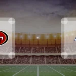 Eine Gamecard Grafik fuer das Spiel zwischen den San Francisco 49ers und Los Angeles Rams am 11.09.26. die zwei Teamlogos stehen sich in einem Stadion mit vielen Zuschauern gegenueber.