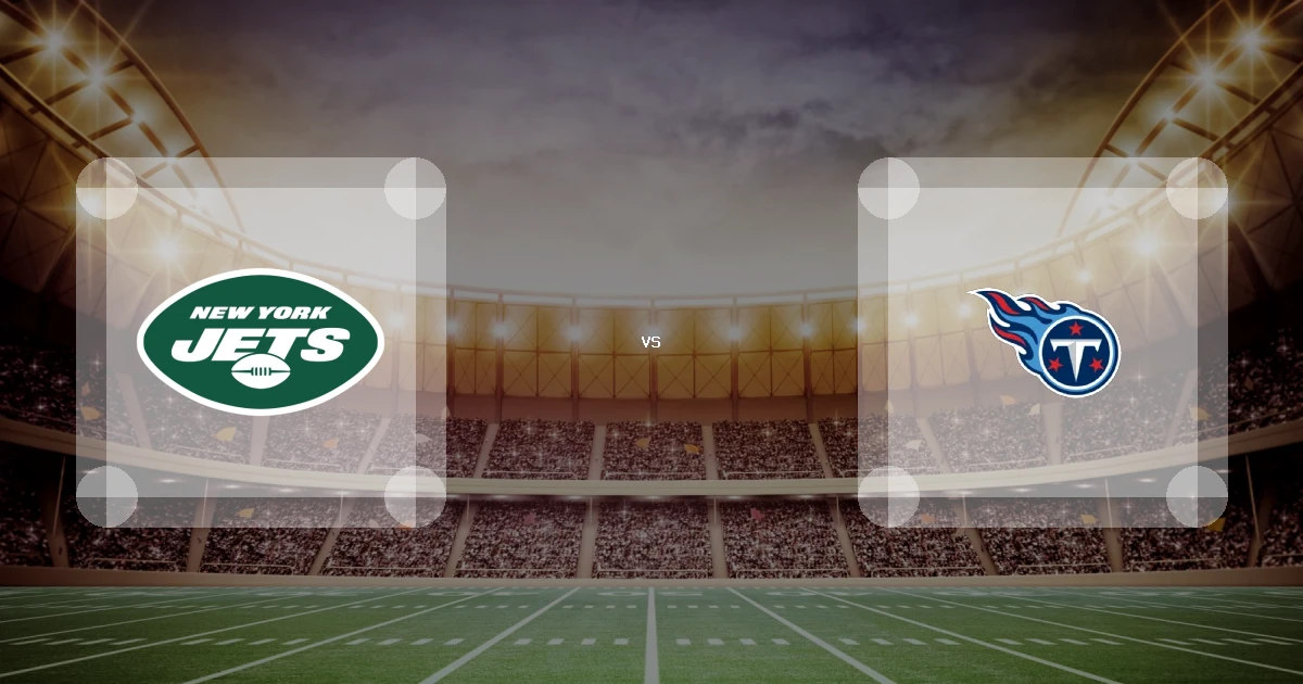 Eine Gamecard Grafik fuer das Spiel zwischen den New York Jets und Tennessee Titans am 13.09.26. die zwei Teamlogos stehen sich in einem Stadion mit vielen Zuschauern gegenueber.