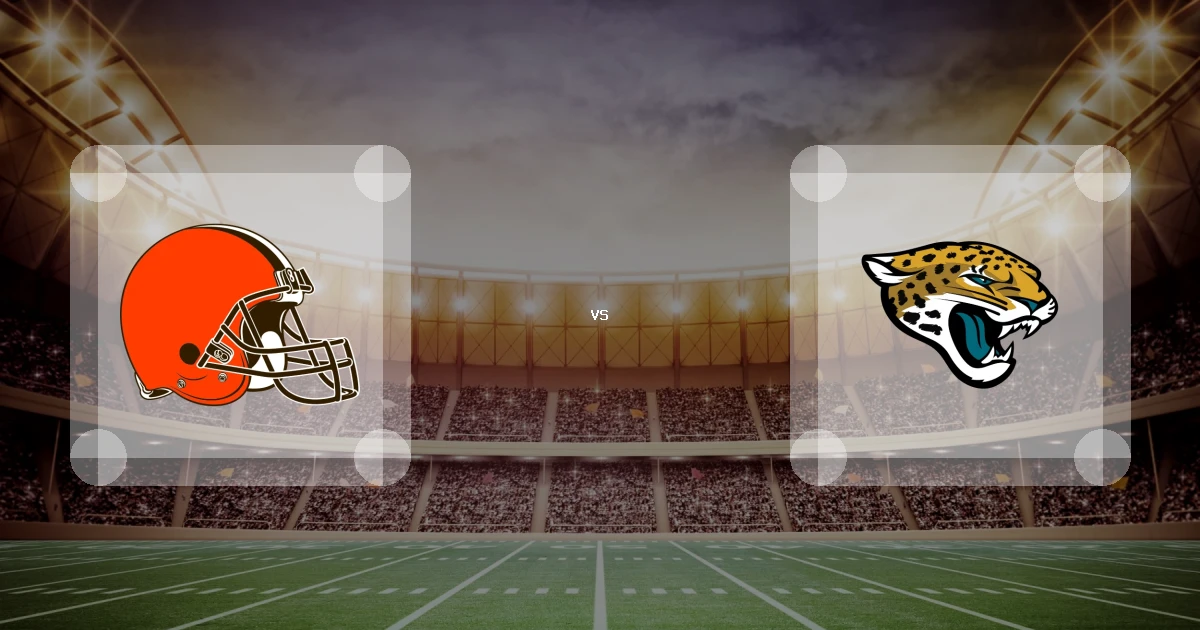 Eine Gamecard Grafik fuer das Spiel zwischen den Cleveland Browns und Jacksonville Jaguars am 13.09.26. die zwei Teamlogos stehen sich in einem Stadion mit vielen Zuschauern gegenueber.