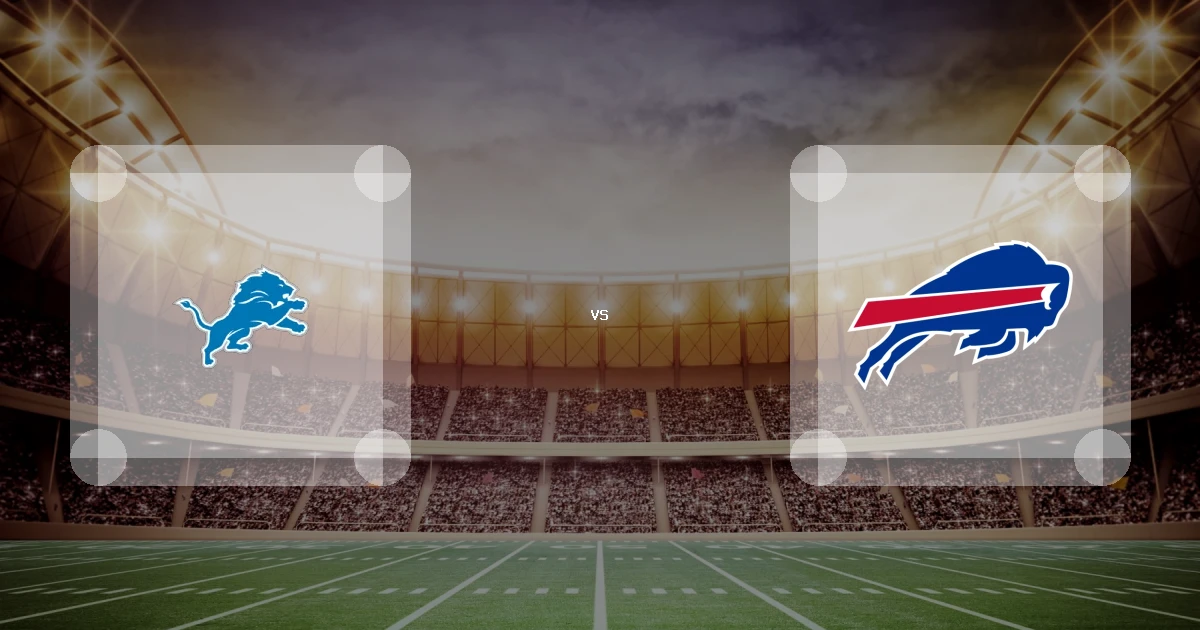 Eine Gamecard Grafik fuer das Spiel zwischen den Detroit Lions und Buffalo Bills am 18.09.26. die zwei Teamlogos stehen sich in einem Stadion mit vielen Zuschauern gegenueber.