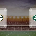 Eine Gamecard Grafik fuer das Spiel zwischen den Green Bay Packers und New York Jets am 20.09.26. die zwei Teamlogos stehen sich in einem Stadion mit vielen Zuschauern gegenueber.