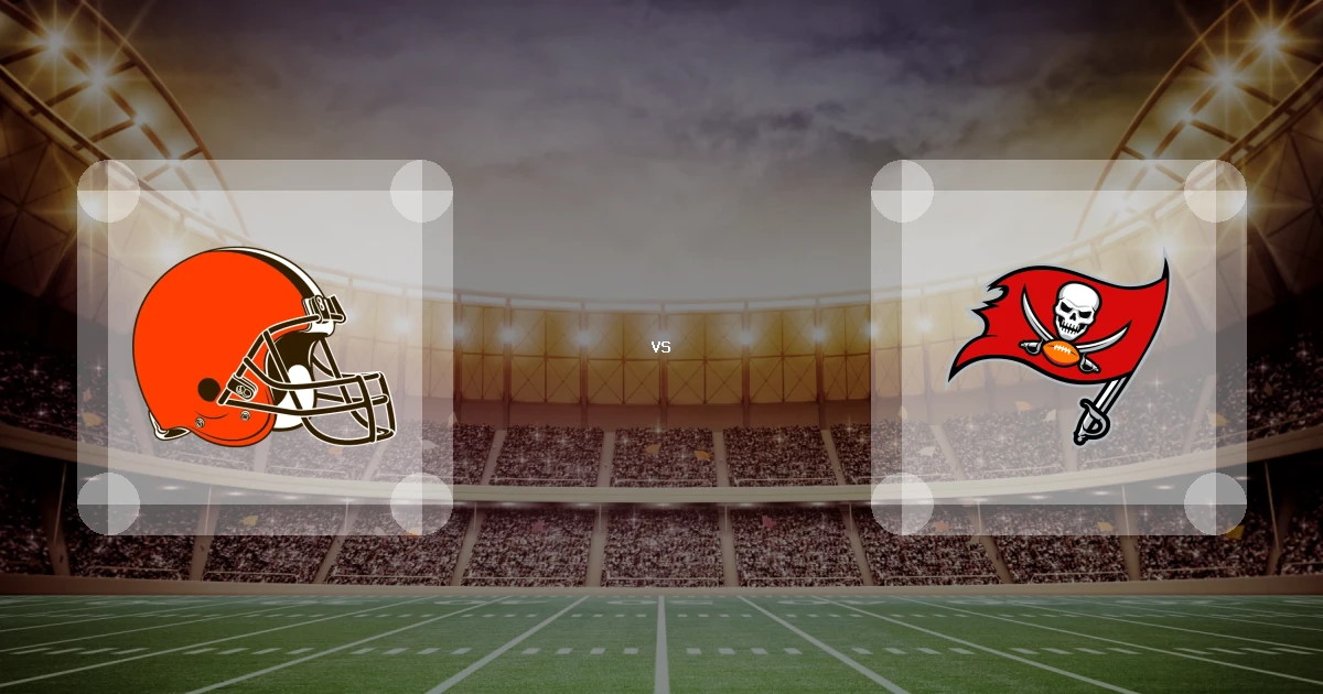 Eine Gamecard Grafik fuer das Spiel zwischen den Cleveland Browns und Tampa Bay Buccaneers am 20.09.26. die zwei Teamlogos stehen sich in einem Stadion mit vielen Zuschauern gegenueber.