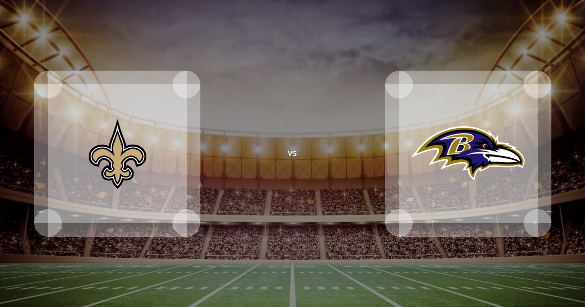 Eine Gamecard Grafik fuer das Spiel zwischen den New Orleans Saints und Baltimore Ravens am 20.09.26. die zwei Teamlogos stehen sich in einem Stadion mit vielen Zuschauern gegenueber.