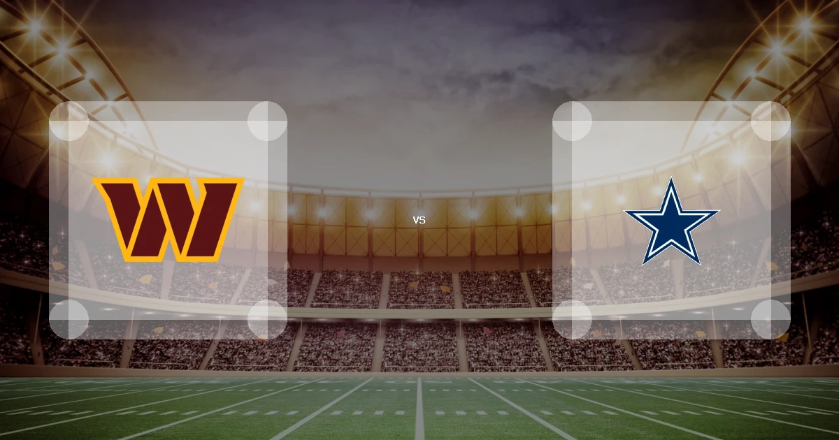 Eine Gamecard Grafik fuer das Spiel zwischen den Washington Commanders und Dallas Cowboys am 21.09.26. die zwei Teamlogos stehen sich in einem Stadion mit vielen Zuschauern gegenueber.