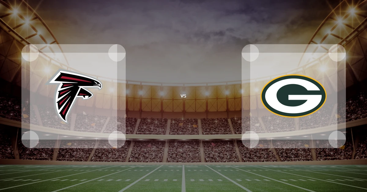 Eine Gamecard Grafik fuer das Spiel zwischen den Atlanta Falcons und Green Bay Packers am 25.09.26. die zwei Teamlogos stehen sich in einem Stadion mit vielen Zuschauern gegenueber.