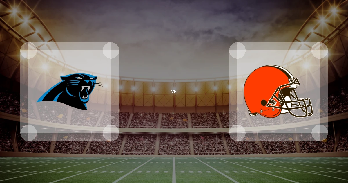 Eine Gamecard Grafik fuer das Spiel zwischen den Carolina Panthers und Cleveland Browns am 27.09.26. die zwei Teamlogos stehen sich in einem Stadion mit vielen Zuschauern gegenueber.