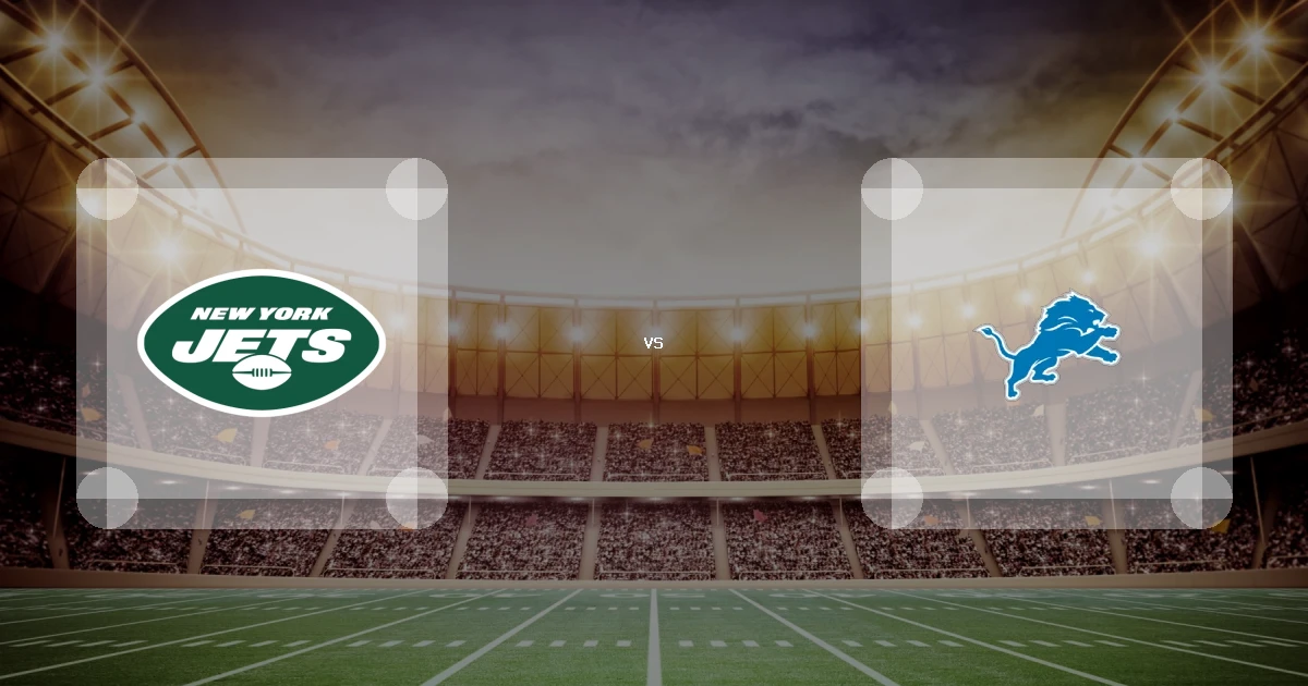 Eine Gamecard Grafik fuer das Spiel zwischen den New York Jets und Detroit Lions am 27.09.26. die zwei Teamlogos stehen sich in einem Stadion mit vielen Zuschauern gegenueber.