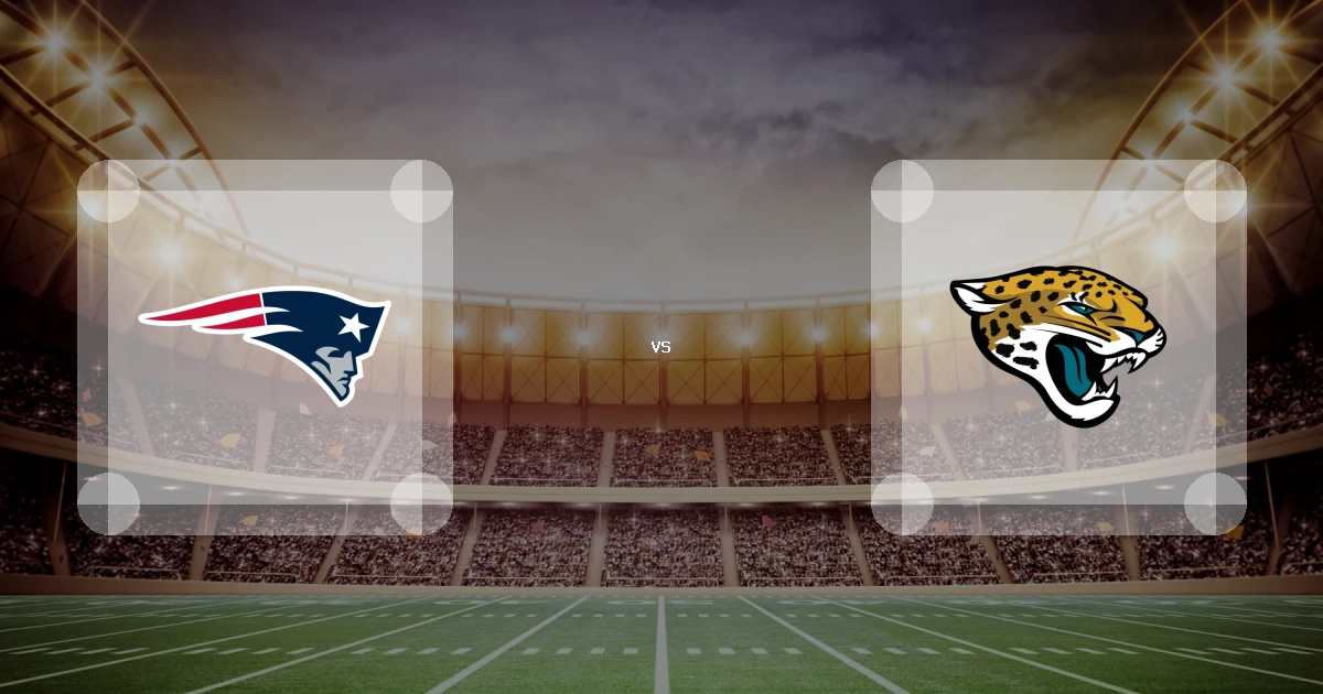 Eine Gamecard Grafik fuer das Spiel zwischen den New England Patriots und Jacksonville Jaguars am 27.09.26. die zwei Teamlogos stehen sich in einem Stadion mit vielen Zuschauern gegenueber.
