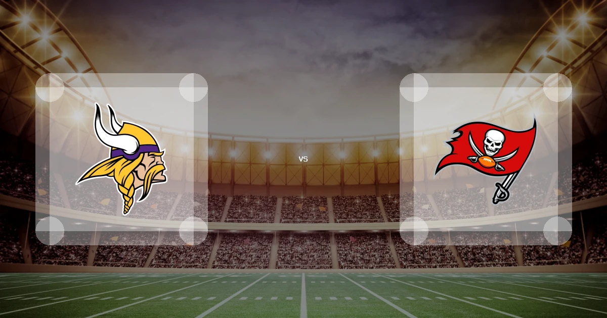 Eine Gamecard Grafik fuer das Spiel zwischen den Minnesota Vikings und Tampa Bay Buccaneers am 28.09.26. die zwei Teamlogos stehen sich in einem Stadion mit vielen Zuschauern gegenueber.