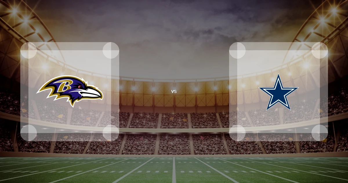 Eine Gamecard Grafik fuer das Spiel zwischen den Baltimore Ravens und Dallas Cowboys am 28.09.26. die zwei Teamlogos stehen sich in einem Stadion mit vielen Zuschauern gegenueber.