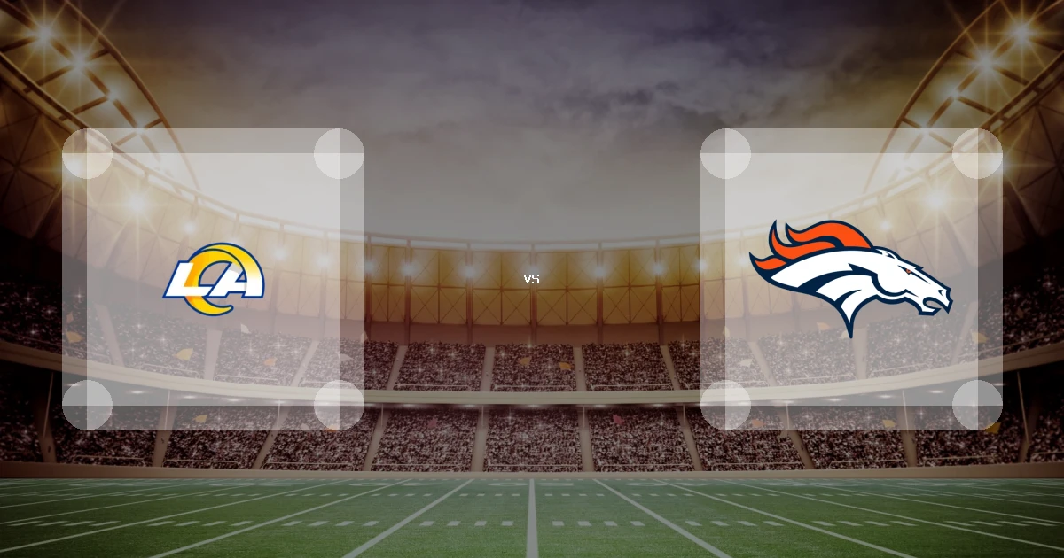 Eine Gamecard Grafik fuer das Spiel zwischen den Los Angeles Rams und Denver Broncos am 28.09.26. die zwei Teamlogos stehen sich in einem Stadion mit vielen Zuschauern gegenueber.