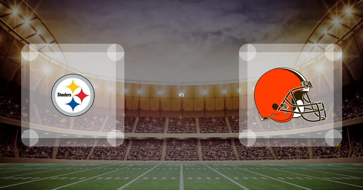 Eine Gamecard Grafik fuer das Spiel zwischen den Pittsburgh Steelers und Cleveland Browns am 02.10.26. die zwei Teamlogos stehen sich in einem Stadion mit vielen Zuschauern gegenueber.