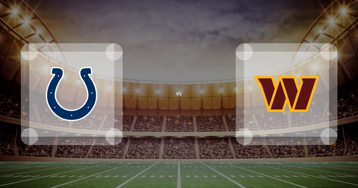 Eine Gamecard Grafik fuer das Spiel zwischen den Indianapolis Colts und Washington Commanders am 04.10.26. die zwei Teamlogos stehen sich in einem Stadion mit vielen Zuschauern gegenueber.