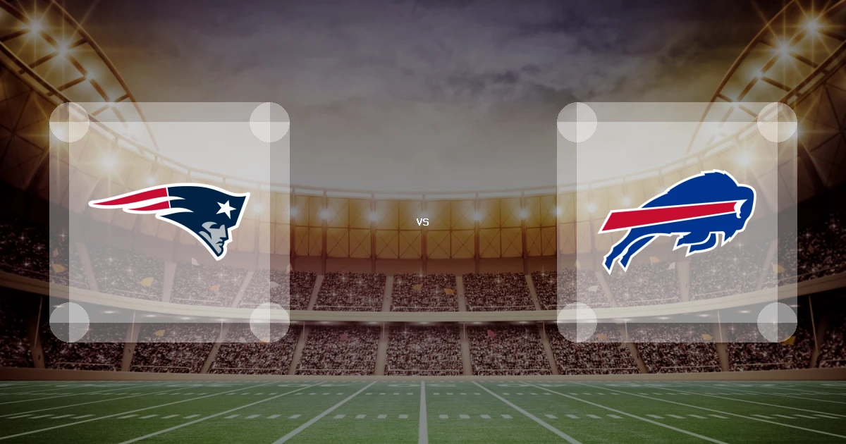 Eine Gamecard Grafik fuer das Spiel zwischen den New England Patriots und Buffalo Bills am 04.10.26. die zwei Teamlogos stehen sich in einem Stadion mit vielen Zuschauern gegenueber.