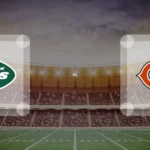 Eine Gamecard Grafik fuer das Spiel zwischen den New York Jets und Chicago Bears am 04.10.26. die zwei Teamlogos stehen sich in einem Stadion mit vielen Zuschauern gegenueber.