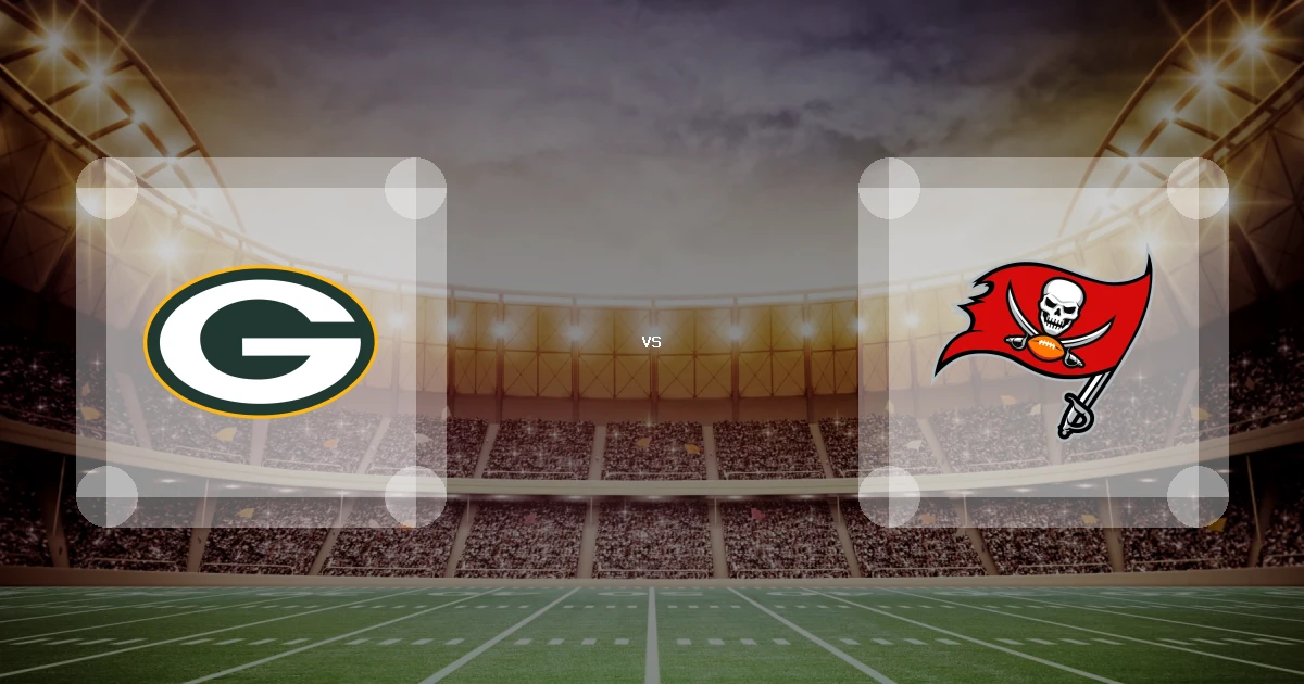 Eine Gamecard Grafik fuer das Spiel zwischen den Green Bay Packers und Tampa Bay Buccaneers am 04.10.26. die zwei Teamlogos stehen sich in einem Stadion mit vielen Zuschauern gegenueber.
