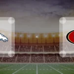 Eine Gamecard Grafik fuer das Spiel zwischen den Denver Broncos und San Francisco 49ers am 05.10.26. die zwei Teamlogos stehen sich in einem Stadion mit vielen Zuschauern gegenueber.