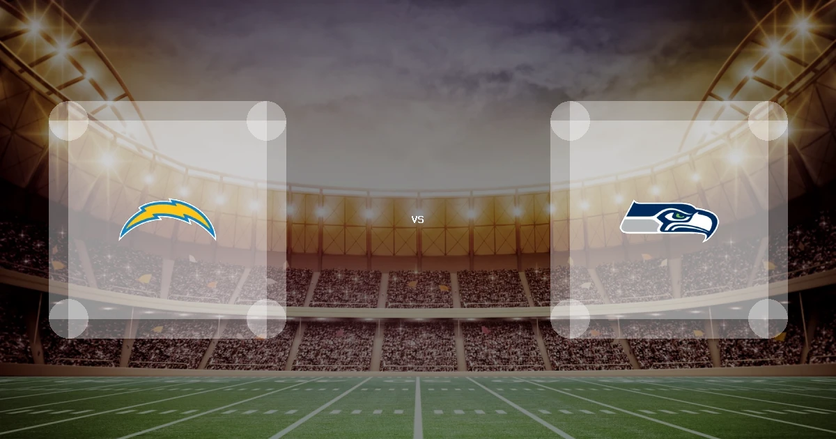 Eine Gamecard Grafik fuer das Spiel zwischen den Los Angeles Chargers und Seattle Seahawks am 05.10.26. die zwei Teamlogos stehen sich in einem Stadion mit vielen Zuschauern gegenueber.