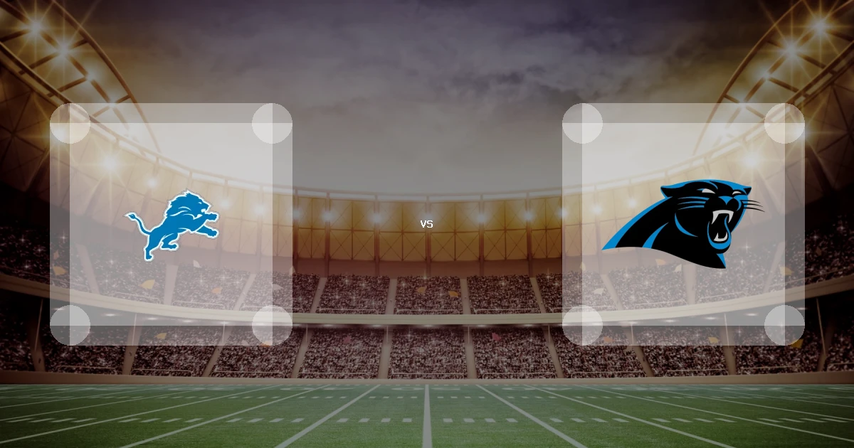 Eine Gamecard Grafik fuer das Spiel zwischen den Detroit Lions und Carolina Panthers am 05.10.26. die zwei Teamlogos stehen sich in einem Stadion mit vielen Zuschauern gegenueber.