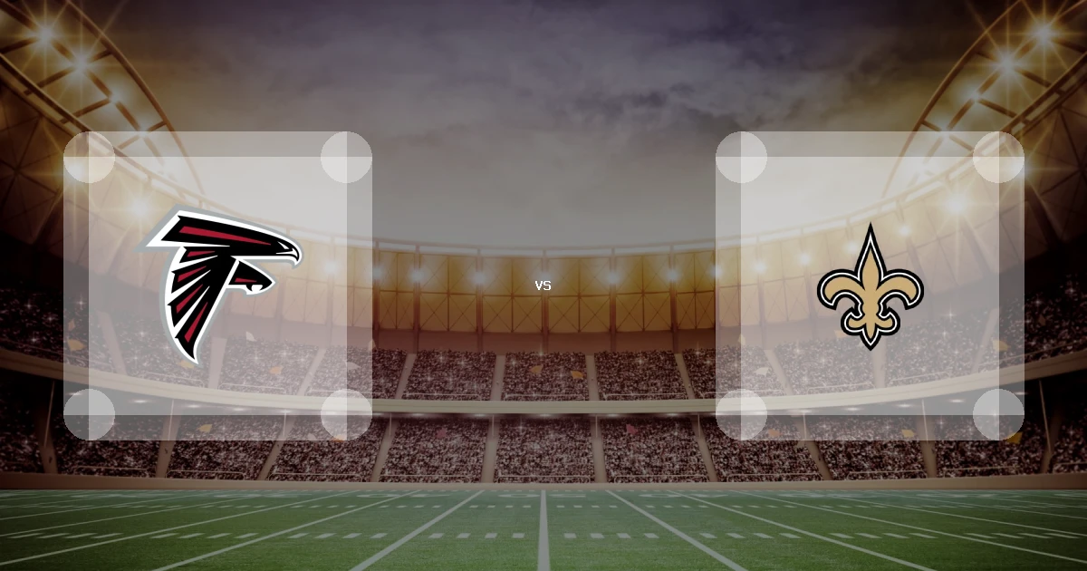 Eine Gamecard Grafik fuer das Spiel zwischen den Atlanta Falcons und New Orleans Saints am 06.10.26. die zwei Teamlogos stehen sich in einem Stadion mit vielen Zuschauern gegenueber.
