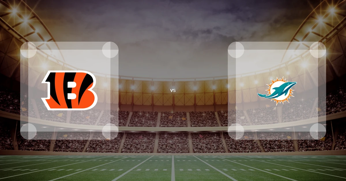 Eine Gamecard Grafik fuer das Spiel zwischen den Cincinnati Bengals und Miami Dolphins am 11.10.26. die zwei Teamlogos stehen sich in einem Stadion mit vielen Zuschauern gegenueber.