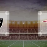 Eine Gamecard Grafik fuer das Spiel zwischen den Las Vegas Raiders und New England Patriots am 11.10.26. die zwei Teamlogos stehen sich in einem Stadion mit vielen Zuschauern gegenueber.