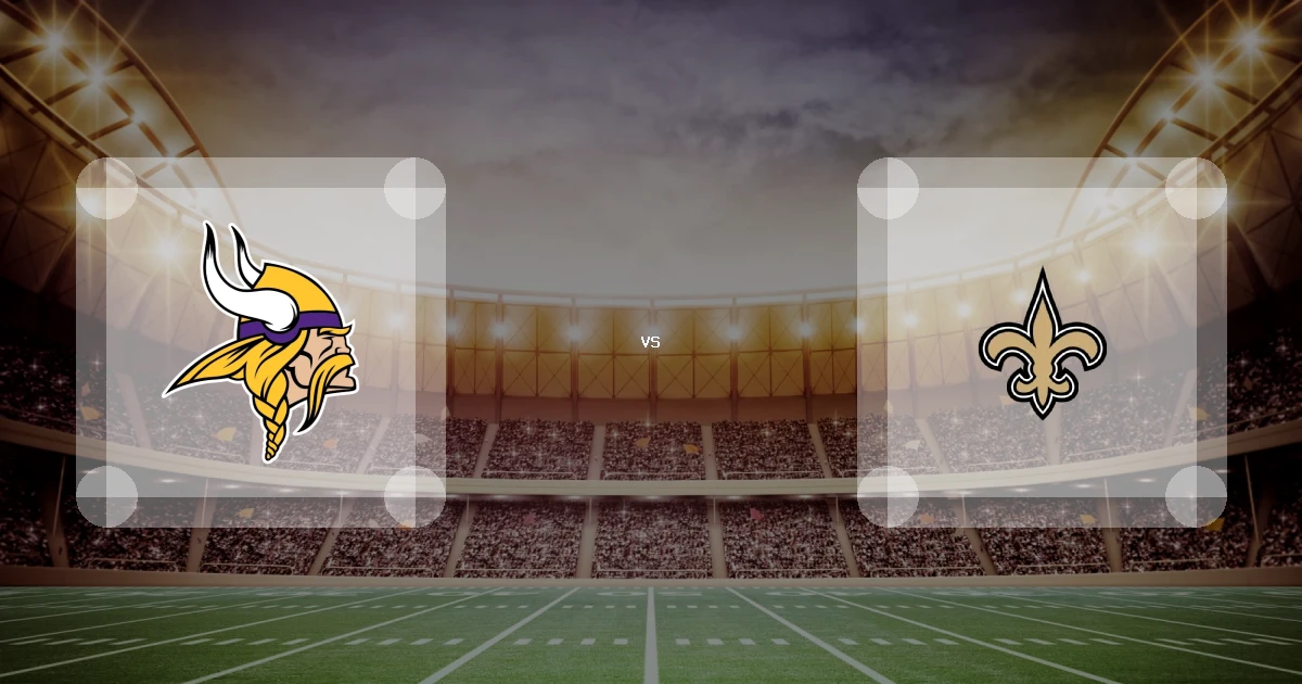 Eine Gamecard Grafik fuer das Spiel zwischen den Minnesota Vikings und New Orleans Saints am 11.10.26. die zwei Teamlogos stehen sich in einem Stadion mit vielen Zuschauern gegenueber.