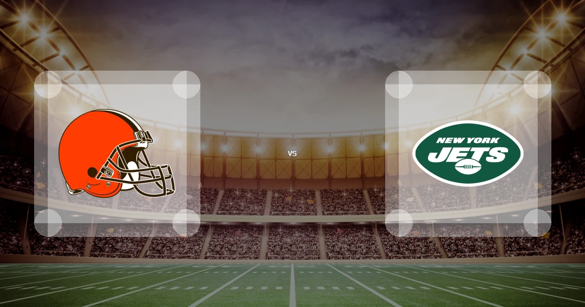 Eine Gamecard Grafik fuer das Spiel zwischen den Cleveland Browns und New York Jets am 11.10.26. die zwei Teamlogos stehen sich in einem Stadion mit vielen Zuschauern gegenueber.