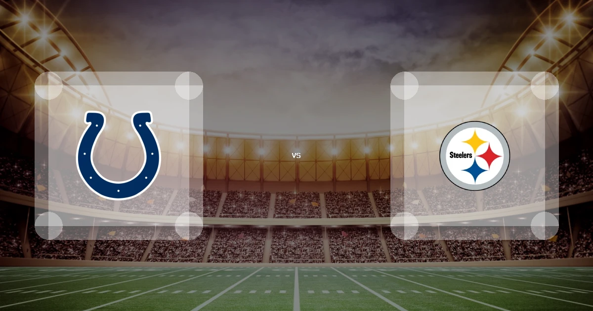 Eine Gamecard Grafik fuer das Spiel zwischen den Indianapolis Colts und Pittsburgh Steelers am 11.10.26. die zwei Teamlogos stehen sich in einem Stadion mit vielen Zuschauern gegenueber.