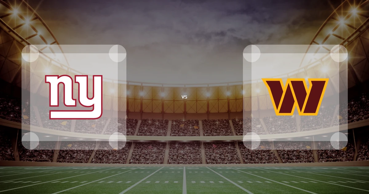 Eine Gamecard Grafik fuer das Spiel zwischen den New York Giants und Washington Commanders am 11.10.26. die zwei Teamlogos stehen sich in einem Stadion mit vielen Zuschauern gegenueber.