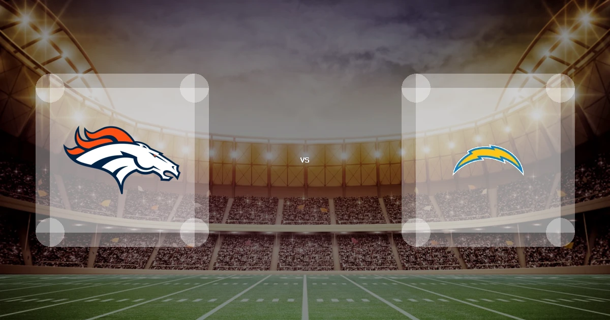 Eine Gamecard Grafik fuer das Spiel zwischen den Denver Broncos und Los Angeles Chargers am 12.10.26. die zwei Teamlogos stehen sich in einem Stadion mit vielen Zuschauern gegenueber.