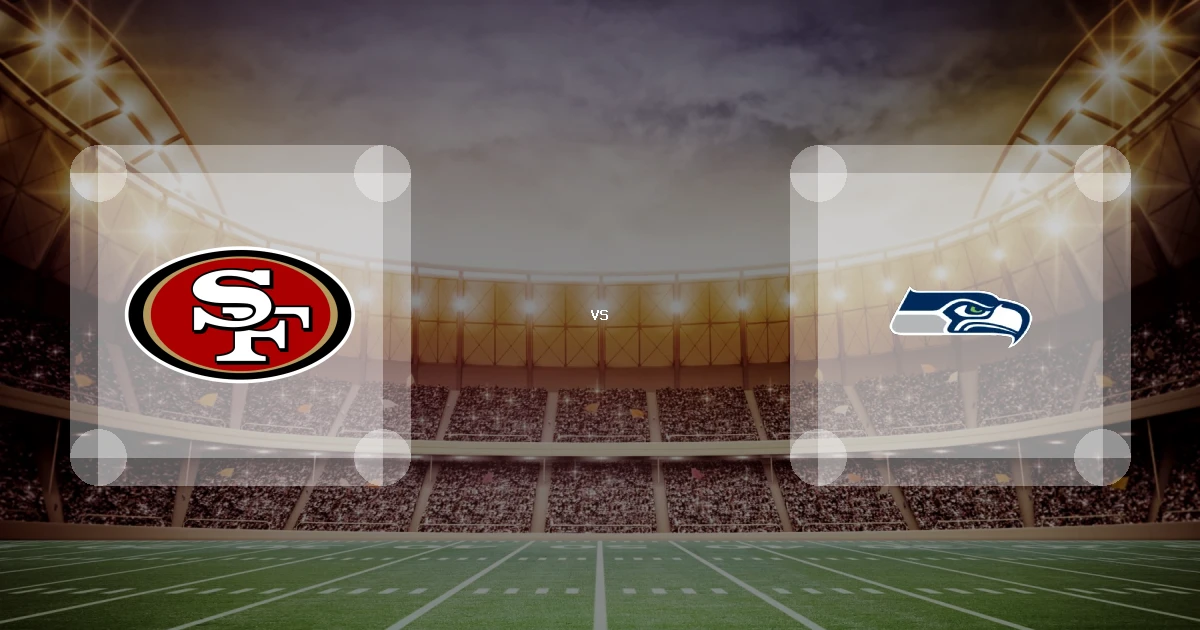 Eine Gamecard Grafik fuer das Spiel zwischen den San Francisco 49ers und Seattle Seahawks am 12.10.26. die zwei Teamlogos stehen sich in einem Stadion mit vielen Zuschauern gegenueber.