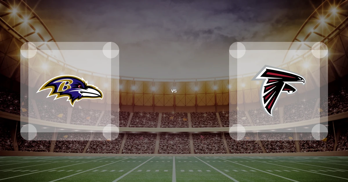 Eine Gamecard Grafik fuer das Spiel zwischen den Baltimore Ravens und Atlanta Falcons am 12.10.26. die zwei Teamlogos stehen sich in einem Stadion mit vielen Zuschauern gegenueber.
