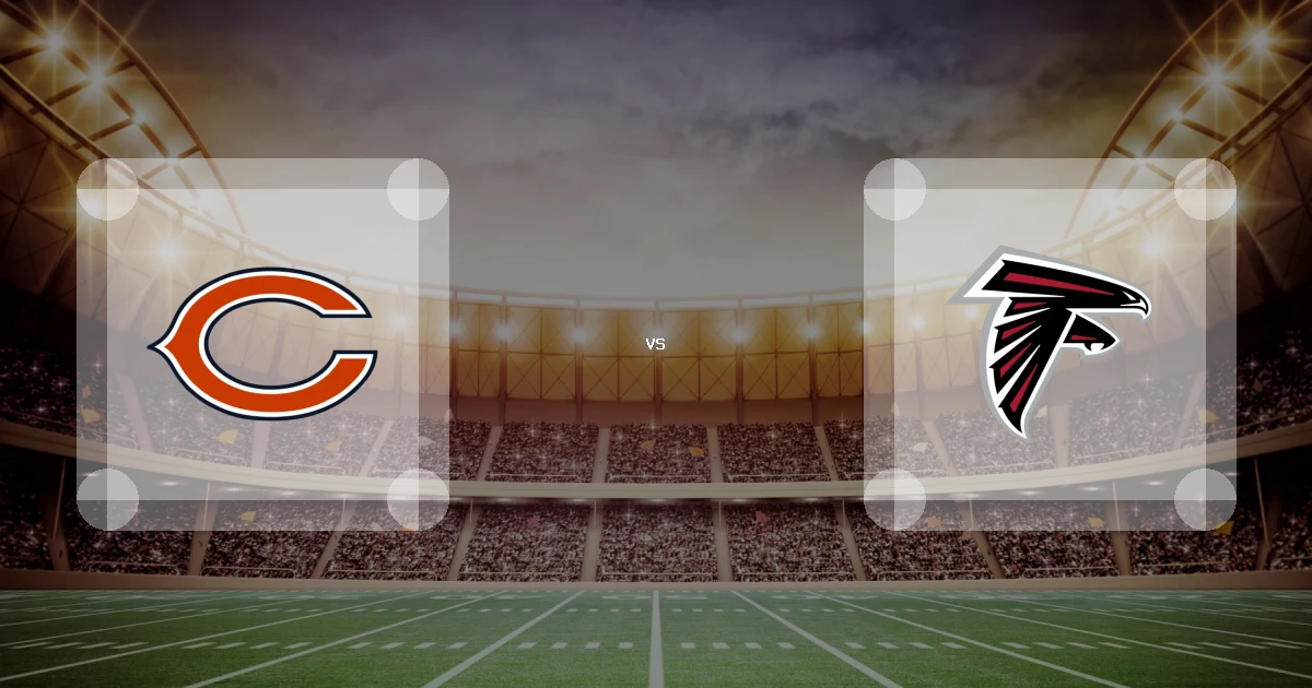 Eine Gamecard Grafik fuer das Spiel zwischen den Chicago Bears und Atlanta Falcons am 18.10.26. die zwei Teamlogos stehen sich in einem Stadion mit vielen Zuschauern gegenueber.