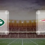 Eine Gamecard Grafik fuer das Spiel zwischen den New York Jets und New England Patriots am 18.10.26. die zwei Teamlogos stehen sich in einem Stadion mit vielen Zuschauern gegenueber.