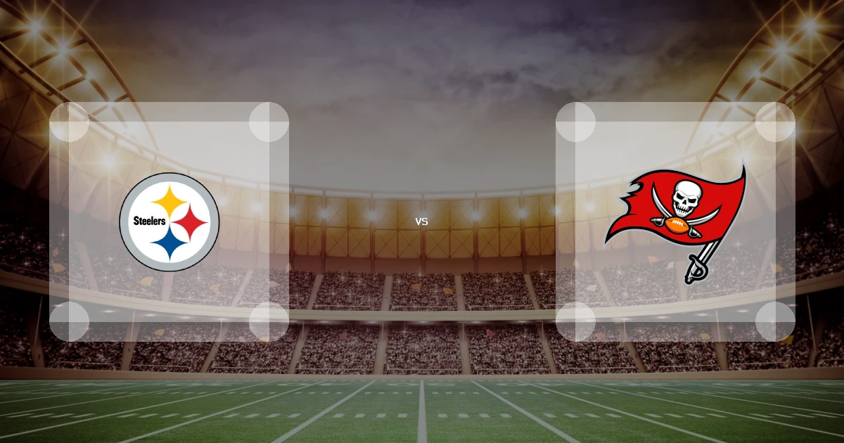Eine Gamecard Grafik fuer das Spiel zwischen den Pittsburgh Steelers und Tampa Bay Buccaneers am 18.10.26. die zwei Teamlogos stehen sich in einem Stadion mit vielen Zuschauern gegenueber.