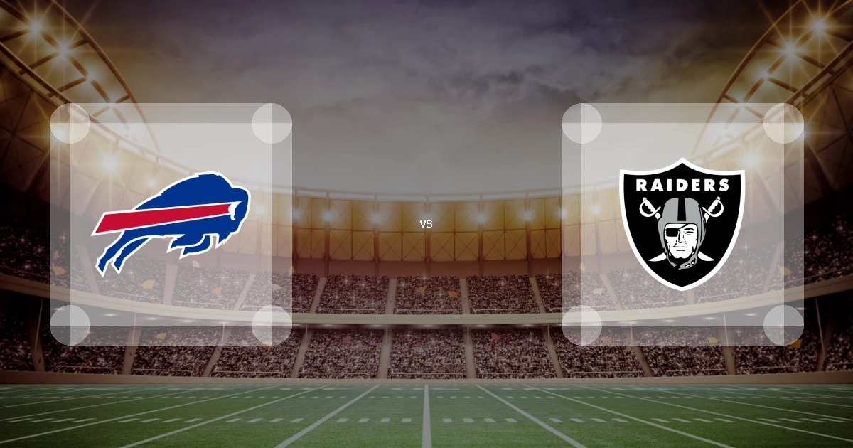 Eine Gamecard Grafik fuer das Spiel zwischen den Buffalo Bills und Las Vegas Raiders am 19.10.26. die zwei Teamlogos stehen sich in einem Stadion mit vielen Zuschauern gegenueber.