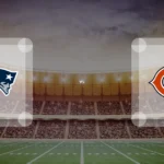 Eine Gamecard Grafik fuer das Spiel zwischen den New England Patriots und Chicago Bears am 23.10.26. die zwei Teamlogos stehen sich in einem Stadion mit vielen Zuschauern gegenueber.