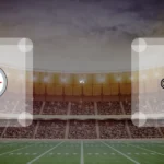 Eine Gamecard Grafik fuer das Spiel zwischen den Pittsburgh Steelers und New Orleans Saints am 25.10.26. die zwei Teamlogos stehen sich in einem Stadion mit vielen Zuschauern gegenueber.