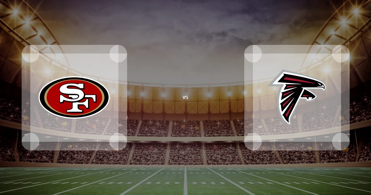 Eine Gamecard Grafik fuer das Spiel zwischen den San Francisco 49ers und Atlanta Falcons am 25.10.26. die zwei Teamlogos stehen sich in einem Stadion mit vielen Zuschauern gegenueber.