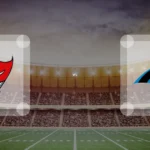 Eine Gamecard Grafik fuer das Spiel zwischen den Tampa Bay Buccaneers und Carolina Panthers am 25.10.26. die zwei Teamlogos stehen sich in einem Stadion mit vielen Zuschauern gegenueber.