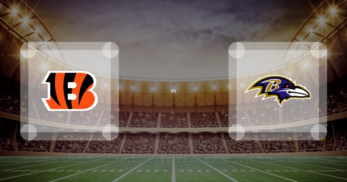 Eine Gamecard Grafik fuer das Spiel zwischen den Cincinnati Bengals und Baltimore Ravens am 25.10.26. die zwei Teamlogos stehen sich in einem Stadion mit vielen Zuschauern gegenueber.